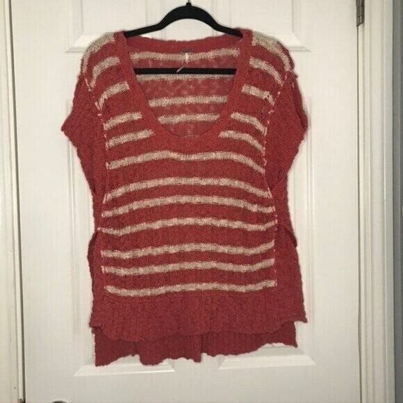 Free People Rib Knit Top Womens Size‎ Medium Red White Striped Boho Pullover - Picture 3 of 6